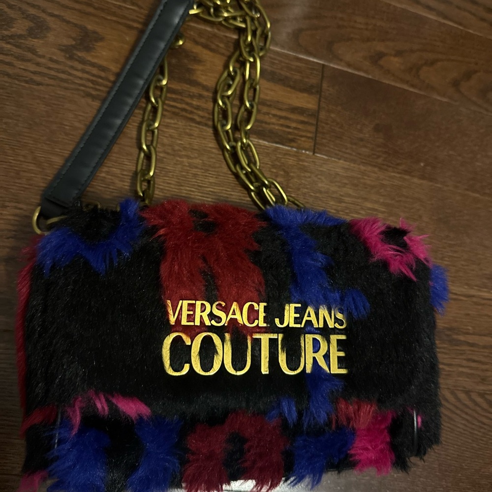 Versace Jeans Collection Black Red Blue Pink Faux Fur Crossbody with Gold Logo